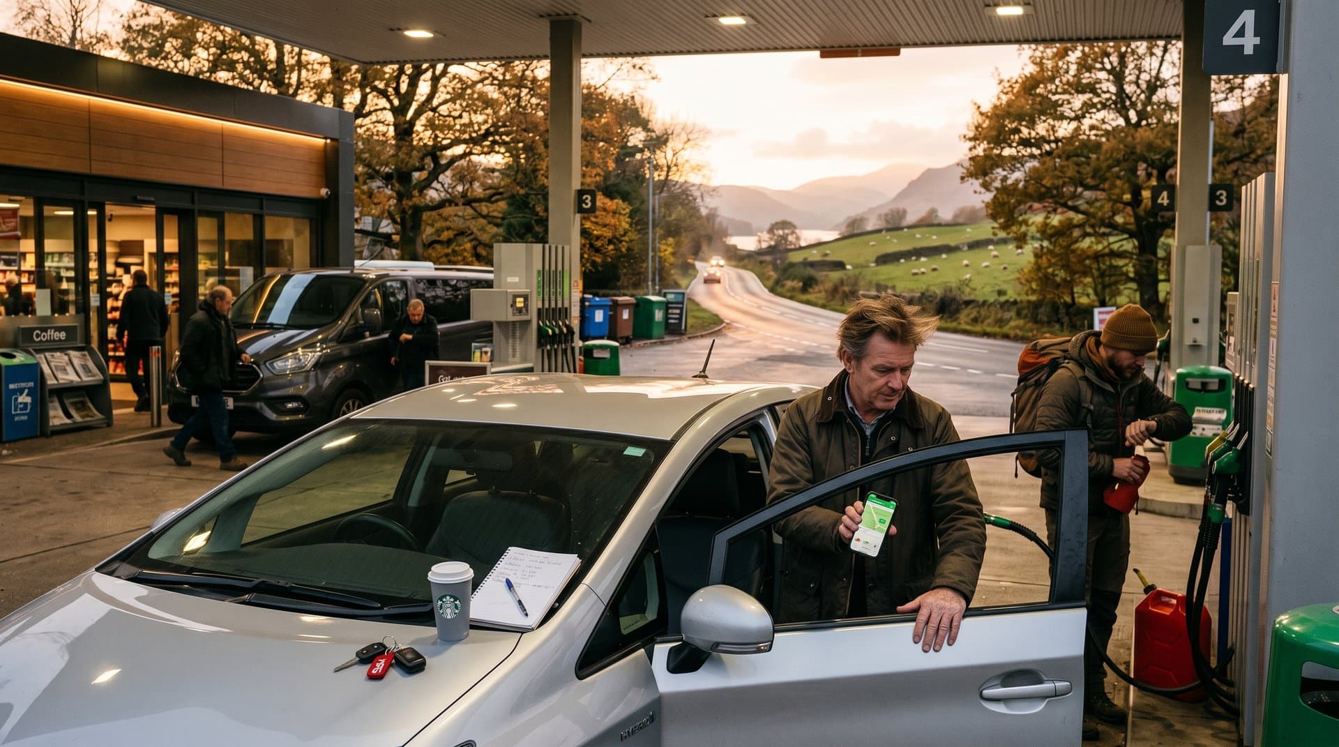 UK road trip driver using FuelInsight app at Lake District petrol station with fuel price heatmap
