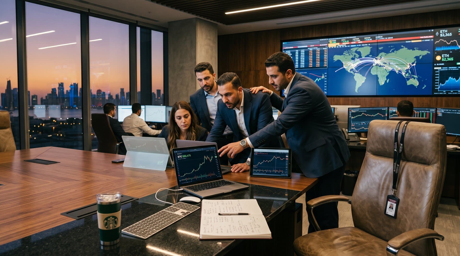 Airline execs review BTC $80K charts and crypto payments for global flights in modern trading room