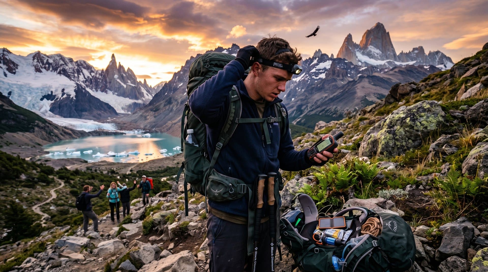 Hiker on Patagonia Fitz Roy trail with crypto gear at sunset, glacial lagoon and peaks