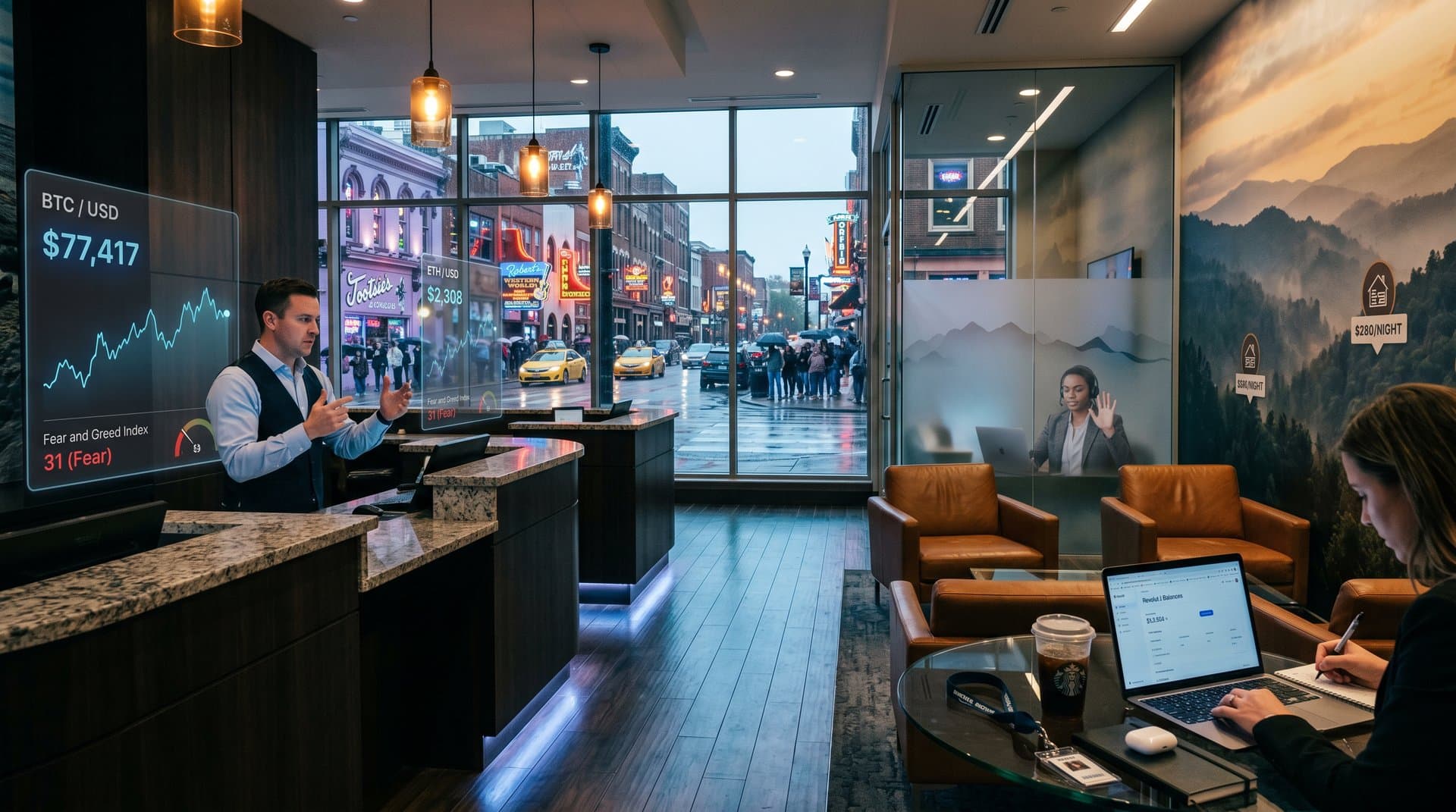 Nashville hotel lobby with guests using crypto apps amid BTC charts and cashless payment tech overlooking city lights
