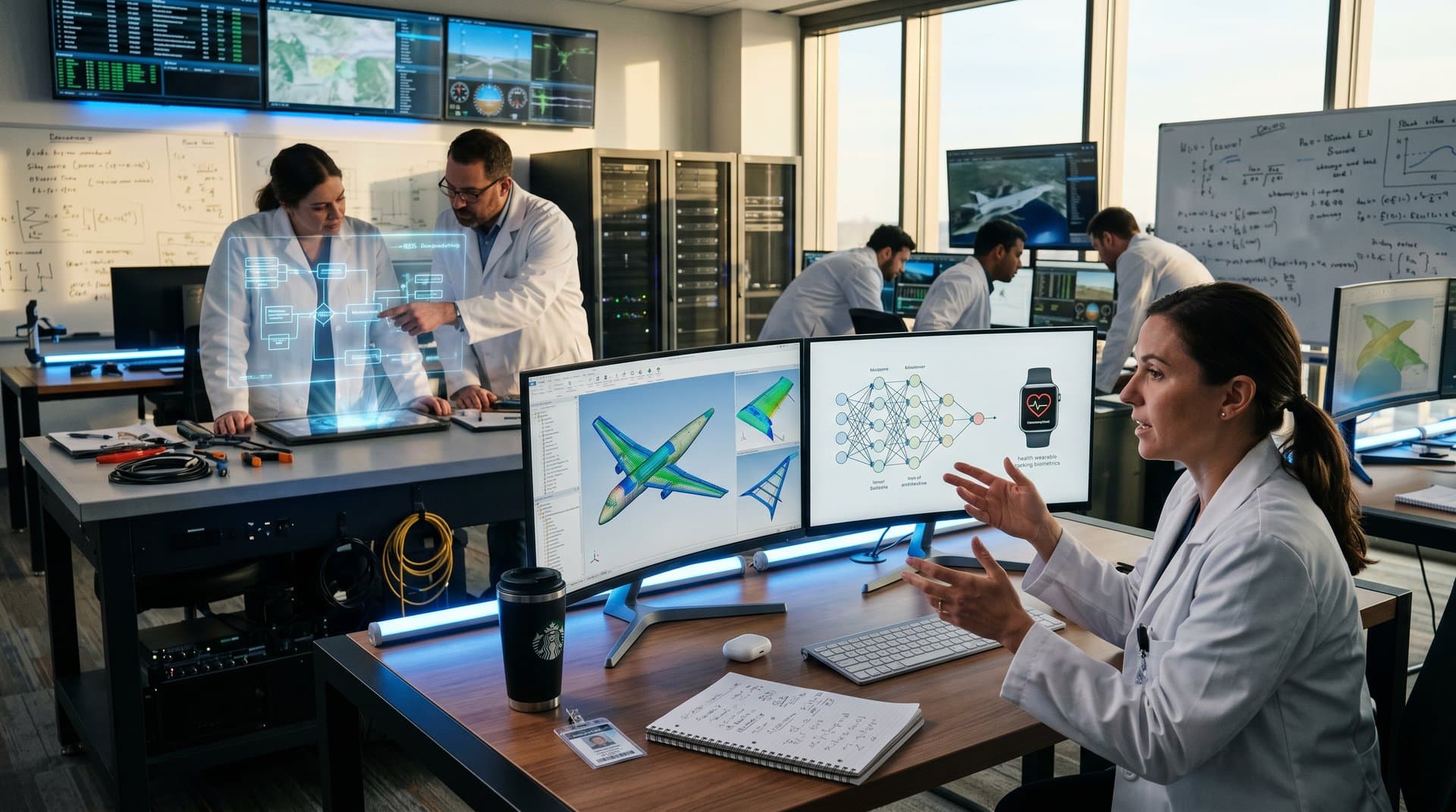 High-tech lab screens display AI medtech lifecycle and aerospace designs in modern innovation hub