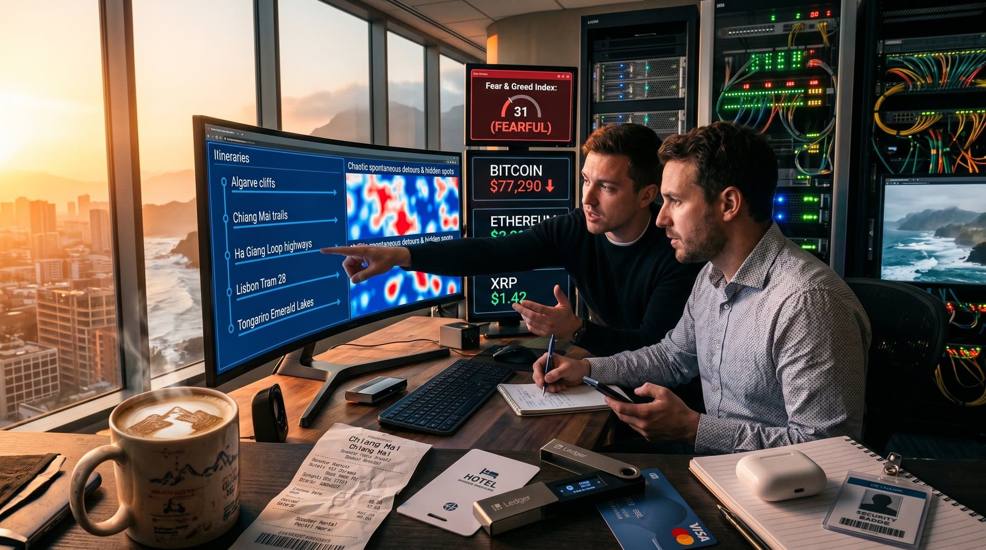 AI screens show travel route heatmaps and crypto charts in high-tech lab evoking optimized vs spontaneous tension