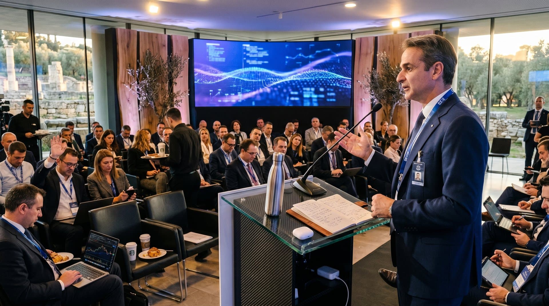 Speaker gestures at carbon fiber podium on AI-themed stage amid packed auditorium with LED screens and engaged delegates at Delphi Forum