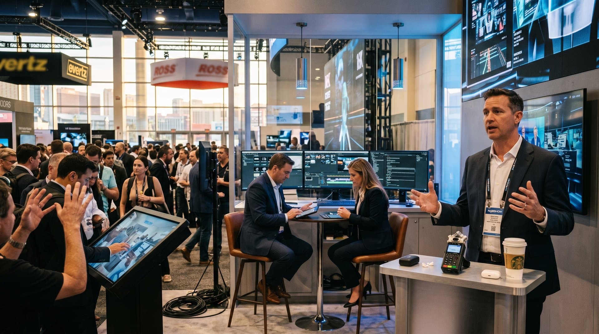 Professionals demo AI broadcast tech on large screens in bustling Las Vegas convention exhibit hall with LED lights and crowds