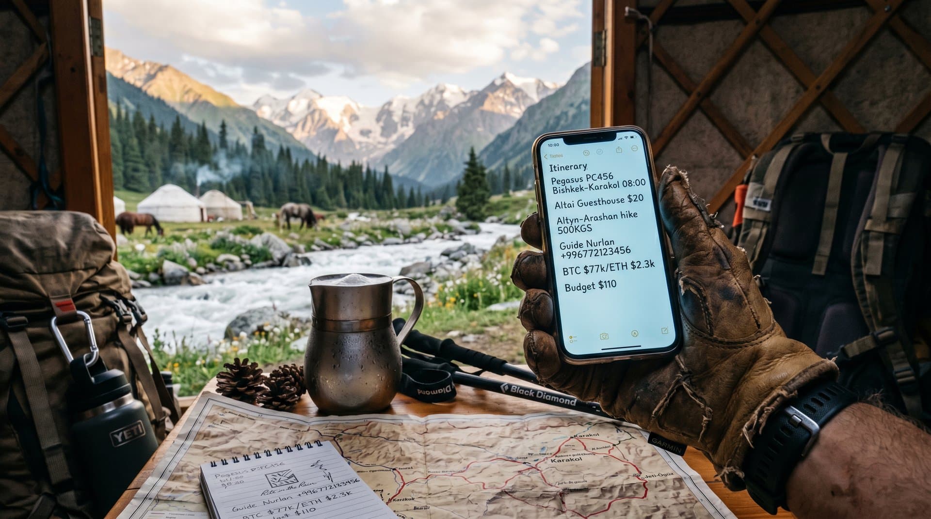 Smartphone showing plain text itinerary in Kyrgyzstan mountains with Tian Shan peaks, BTC chart, adventure gear foreground