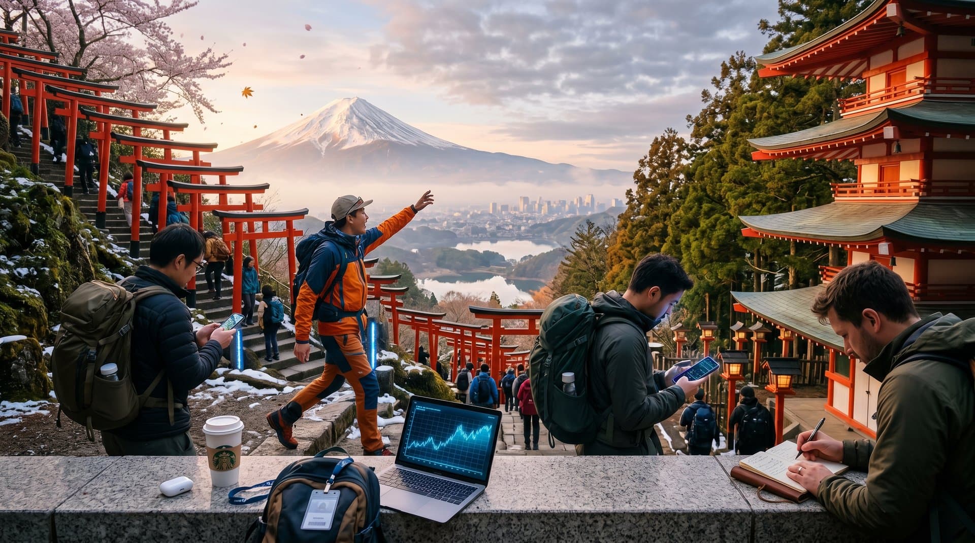 Ukiyo-e style Mount Fuji with Chureito Pagoda torii gates tessellating as Hokusai waves amid cherry blossoms and tiled temples