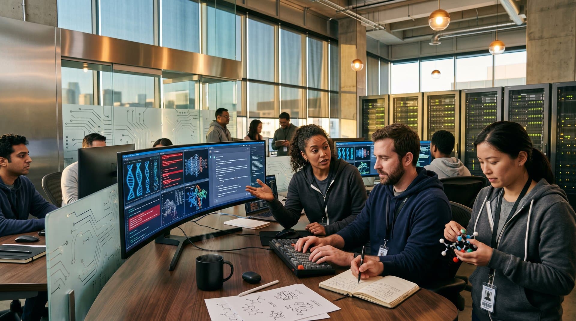 Modern lab screens show DNA helices, AI code vulnerabilities, and protein models in high-tech workspace evoking OpenAI bio safety efforts