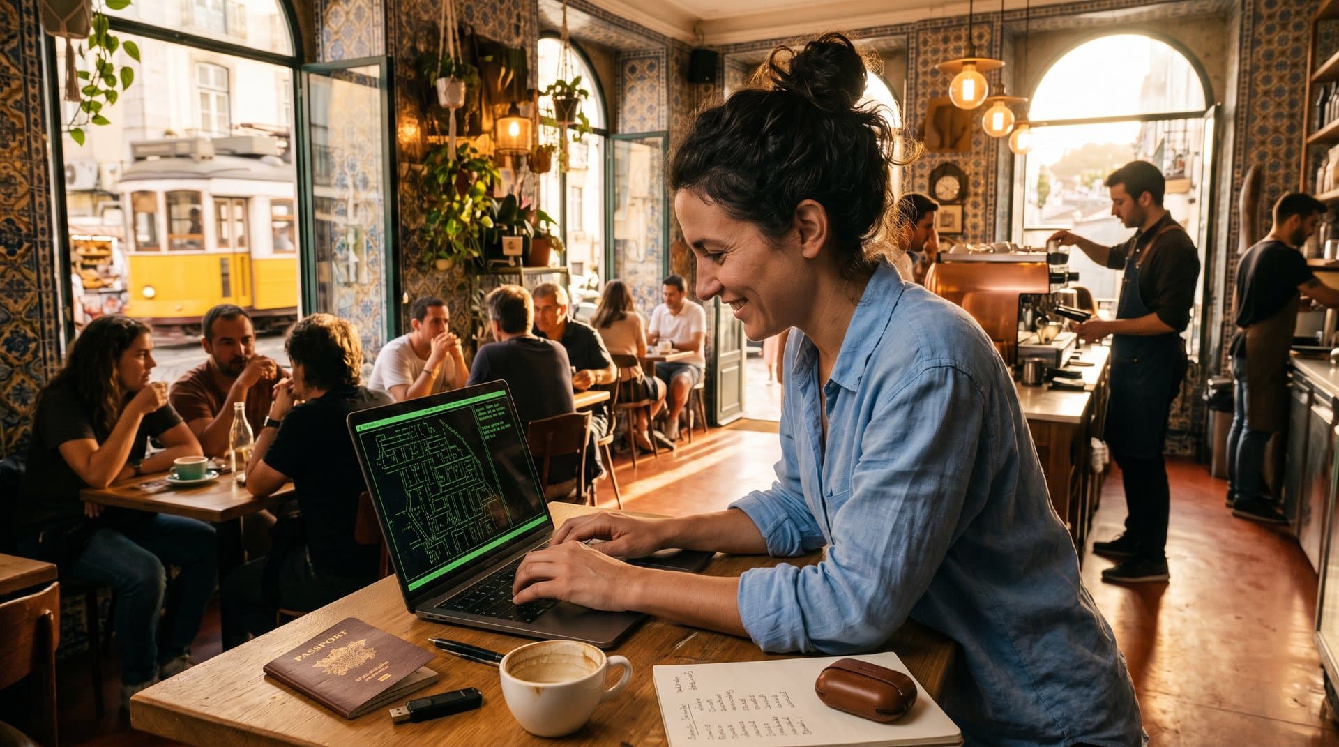 Digital nomad in Lisbon cafe typing plain text backups on laptop amid travel gear and crypto charts