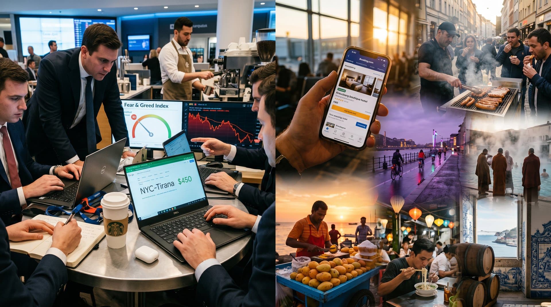 Laptop screen with Google Flights deals to Tbilisi at $450, Fear & Greed 33 gauge, Kreuzberg hotel bookings amid crypto tickers and travel scenes