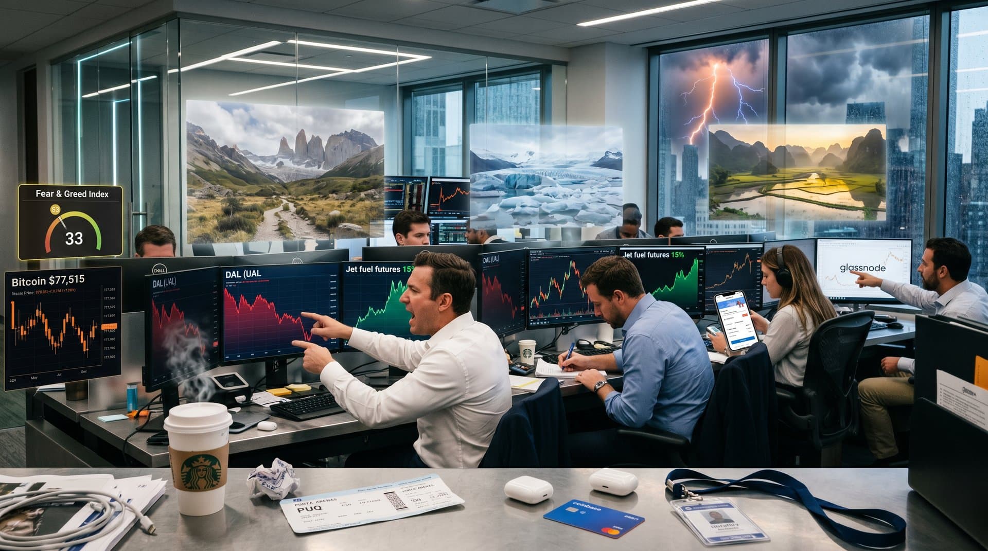 Trading screens display falling airline stocks, crypto Fear & Greed at 33, rising jet fuel amid economic warning tension