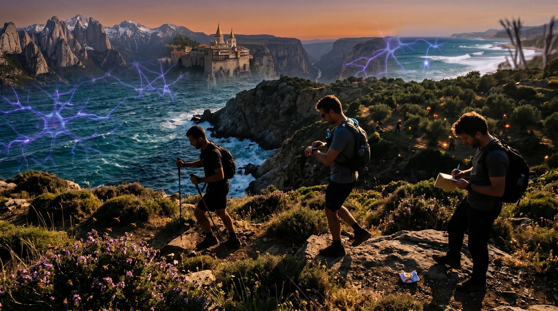 Hiker on Ikaria trail overlooking sea with neural wellness motifs and adventure landscapes