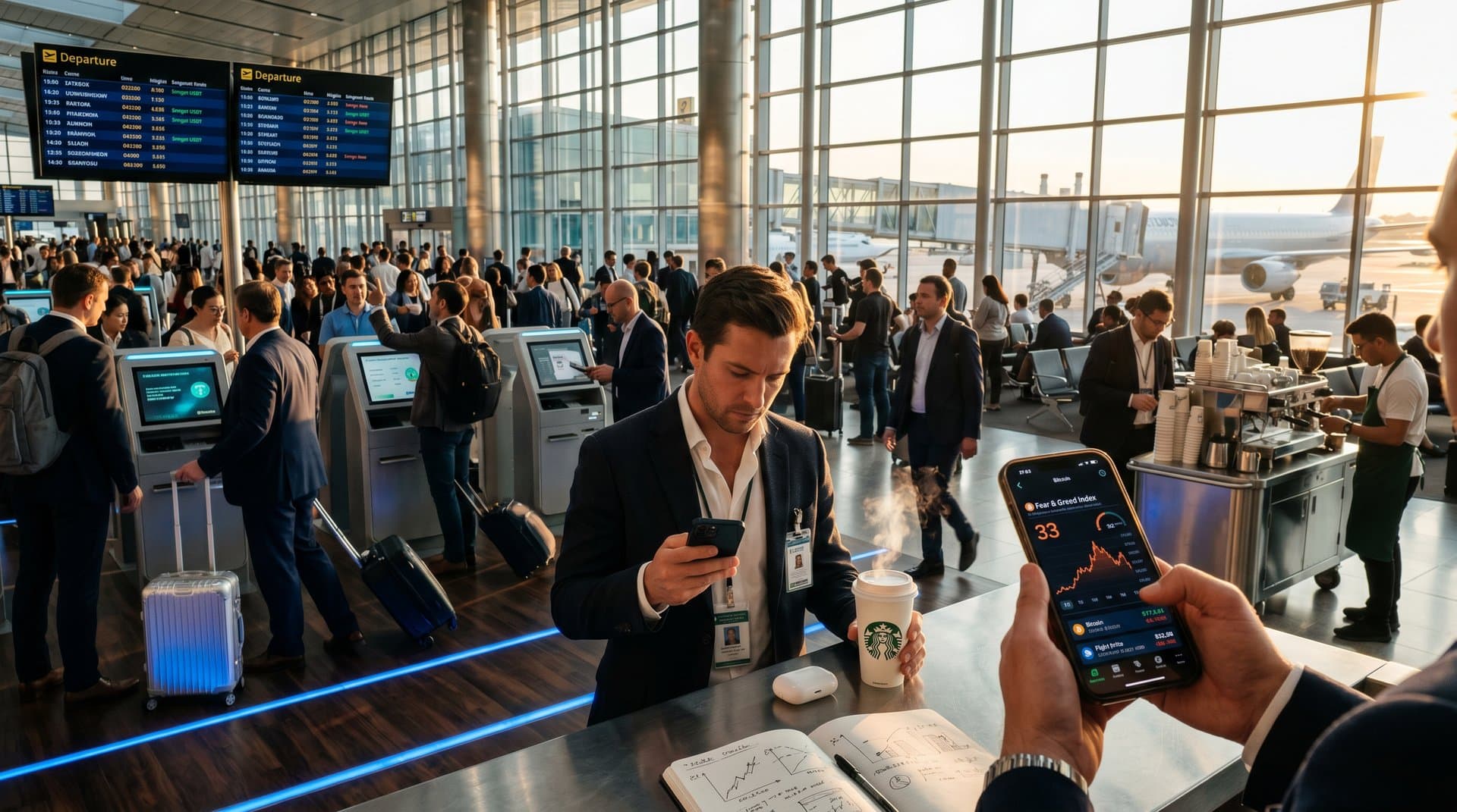 Traveler at airport views Fear & Greed 33 and 15-25% rising travel costs on phone amid flight boards and crypto charts