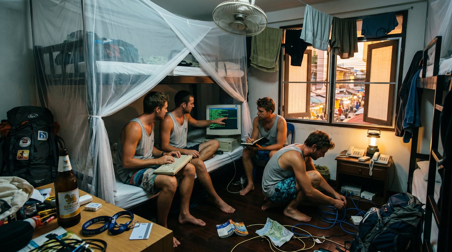 Backpackers assemble 2002 DIY PBX hack on PC in humid hostel dorm with cables and glowing monitor