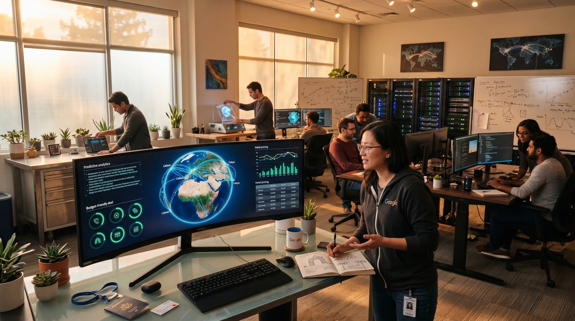 Google AI lab with curved monitors showing 3D travel route optimizations, servers, and crypto charts amid modern tech setup