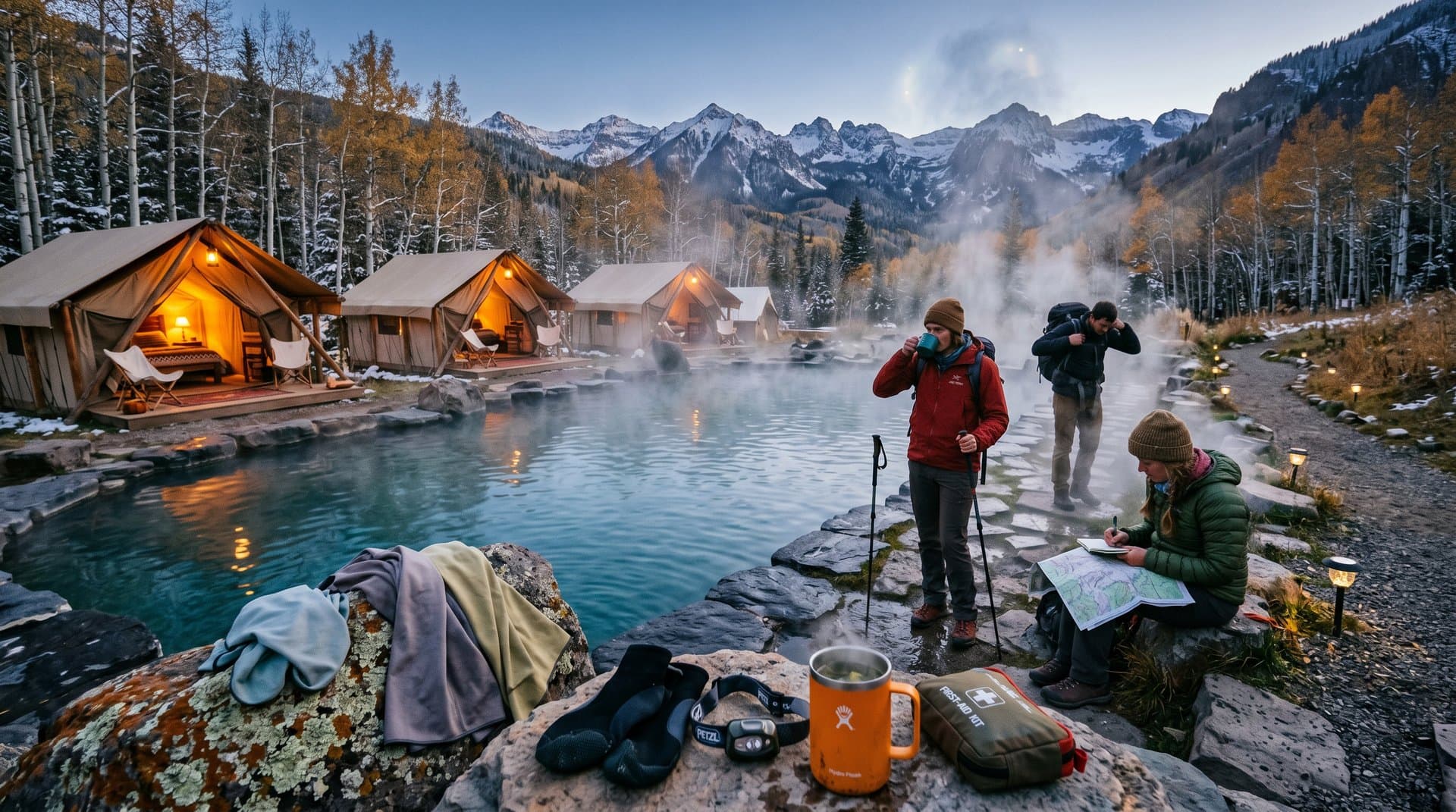 Steaming geothermal hot spring pools amid Colorado mountains and luxury tents at dusk