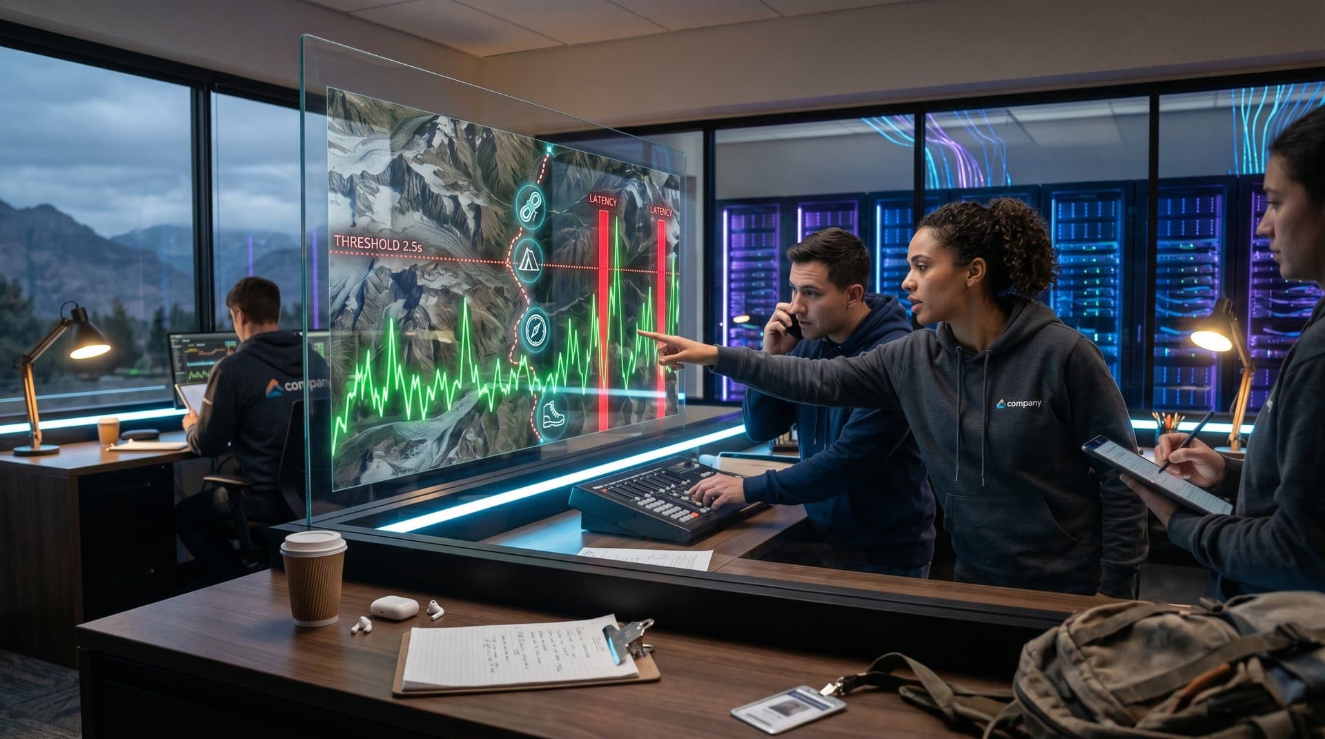Holographic dashboard of RPS graphs and latency alerts overlaid on mountain trail map in cyberpunk style
