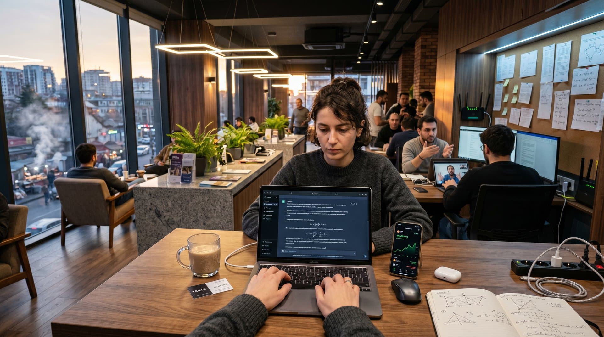 Nomad in Tbilisi hotel works on ChatGPT Erdős proof amid BTC charts and city views