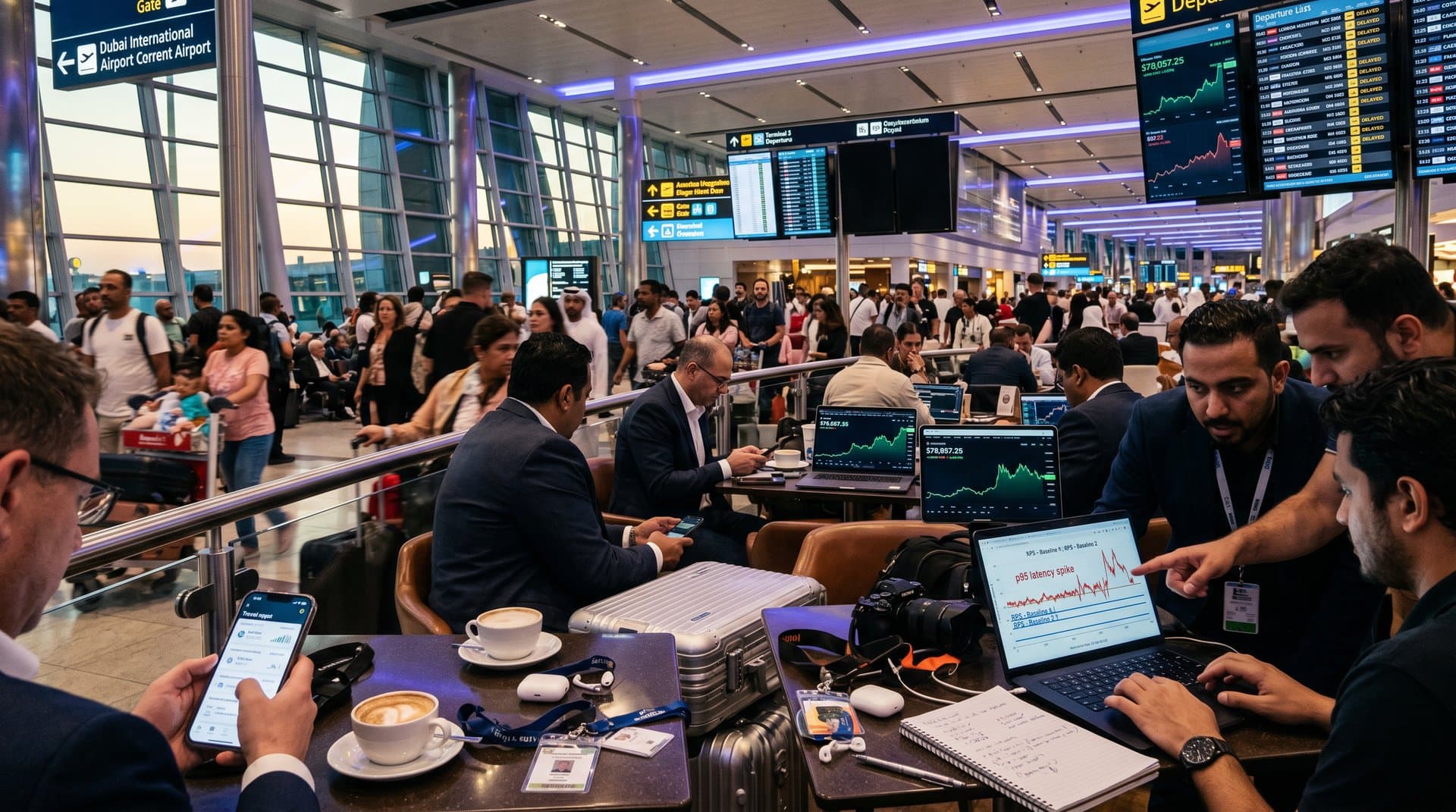 Smartphones in DXB terminal display travel apps web requests failing amid spotty WiFi and $78K BTC tickers