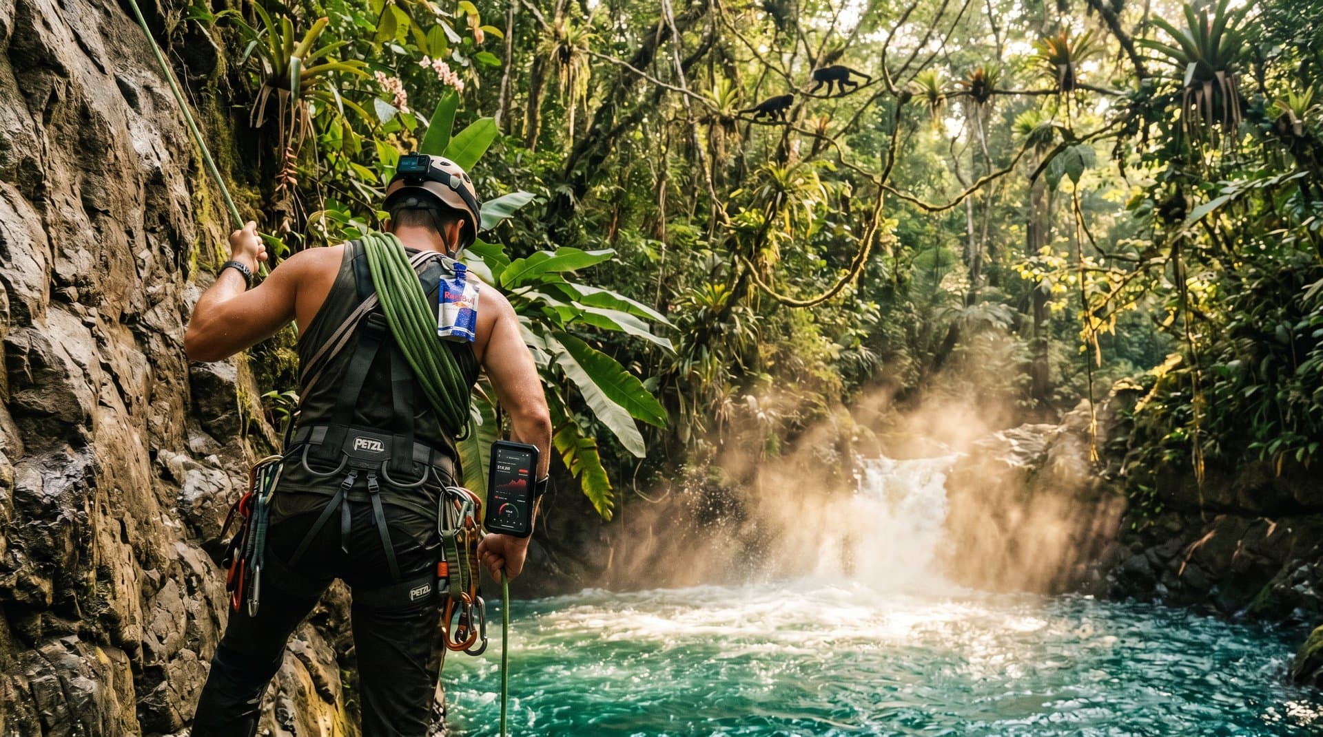 Digital nomad rappels into turquoise Costa Rica pool with AI crypto dashboard on phone amid jungle waterfall (92 chars)