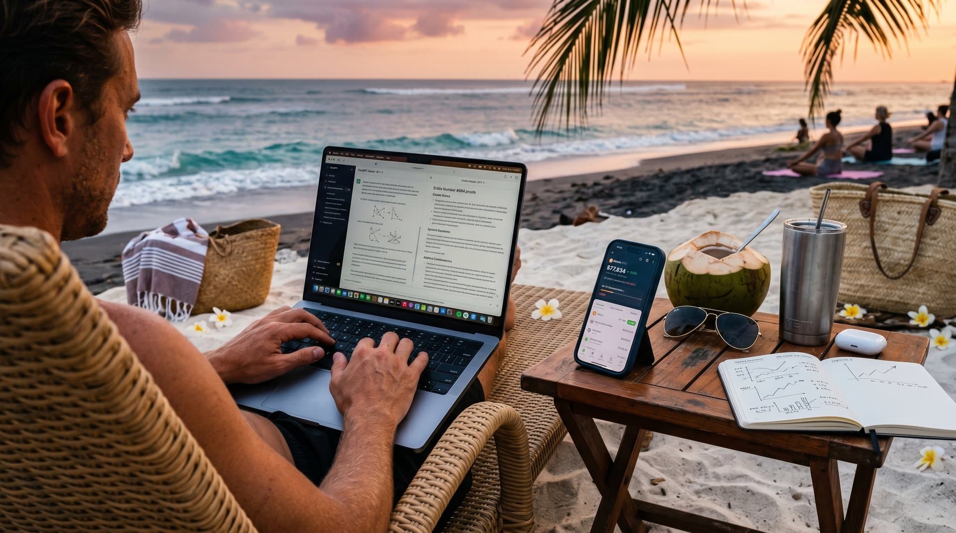 Digital nomad on Bali beach uses ChatGPT for Erdős math proofs amid BTC charts and ocean waves