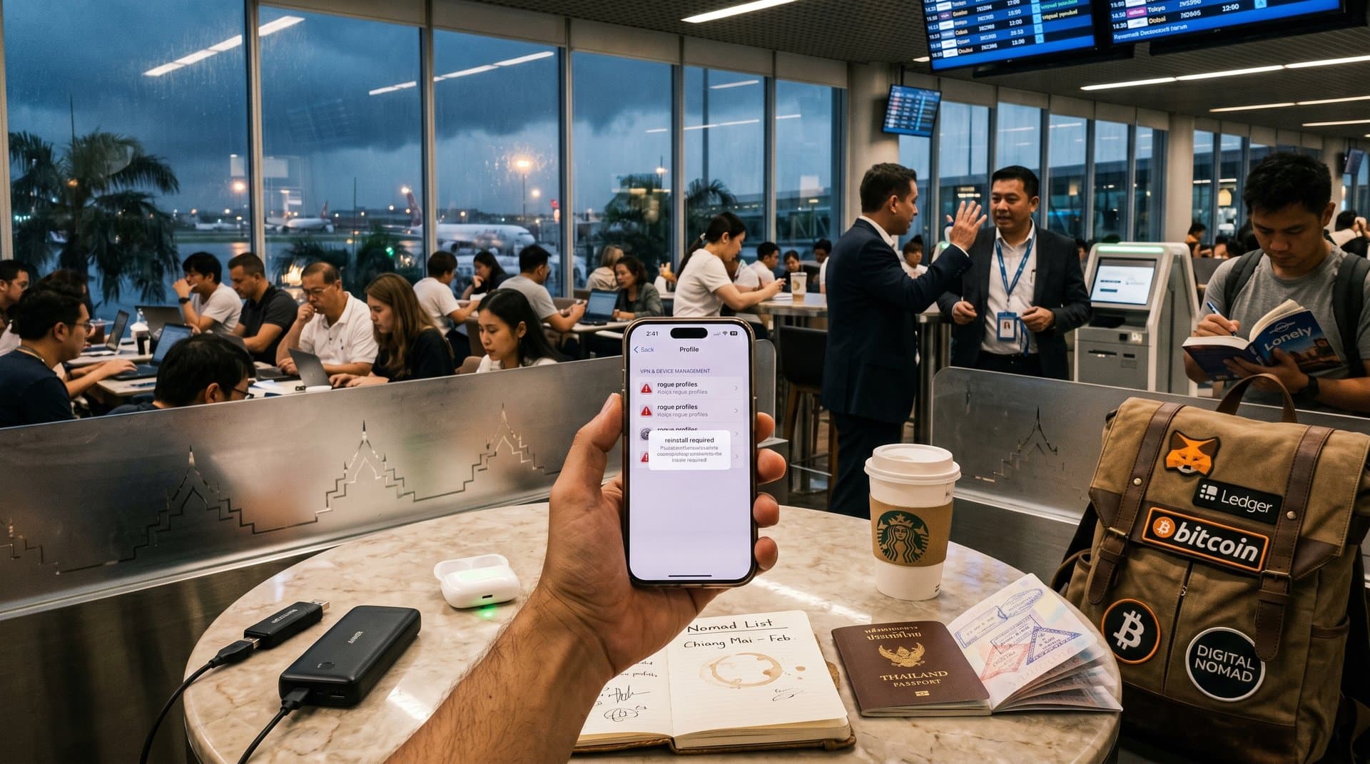 iPhone app silently reinstalls daily alert on screen at Bangkok airport; digital nomad secures crypto amid travel cyber risks