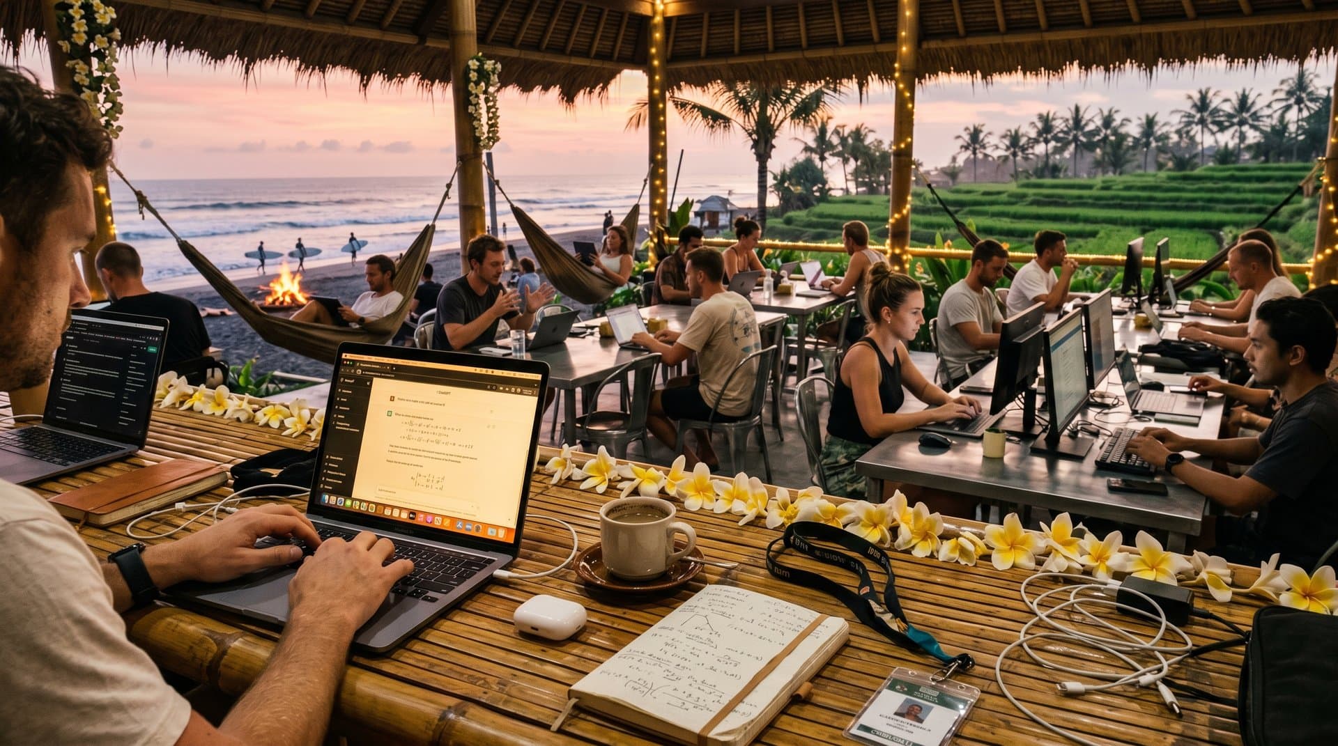 Digital nomad in Bali hostel types ChatGPT Erdős math proofs on laptop amid beach sunset, tropical coworking vibe with waves and palms