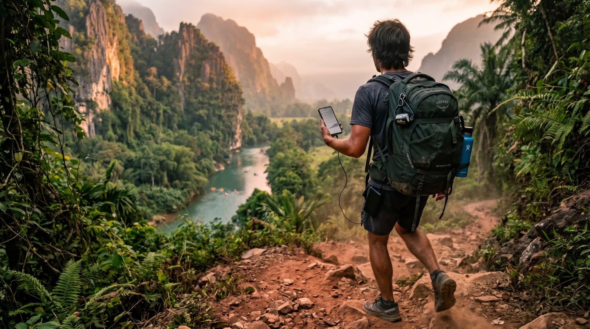 Budget traveler on Laos karst trail checks ChatGPT Erdős proof on phone amid BTC charts, backpack and gear ready for adventure.