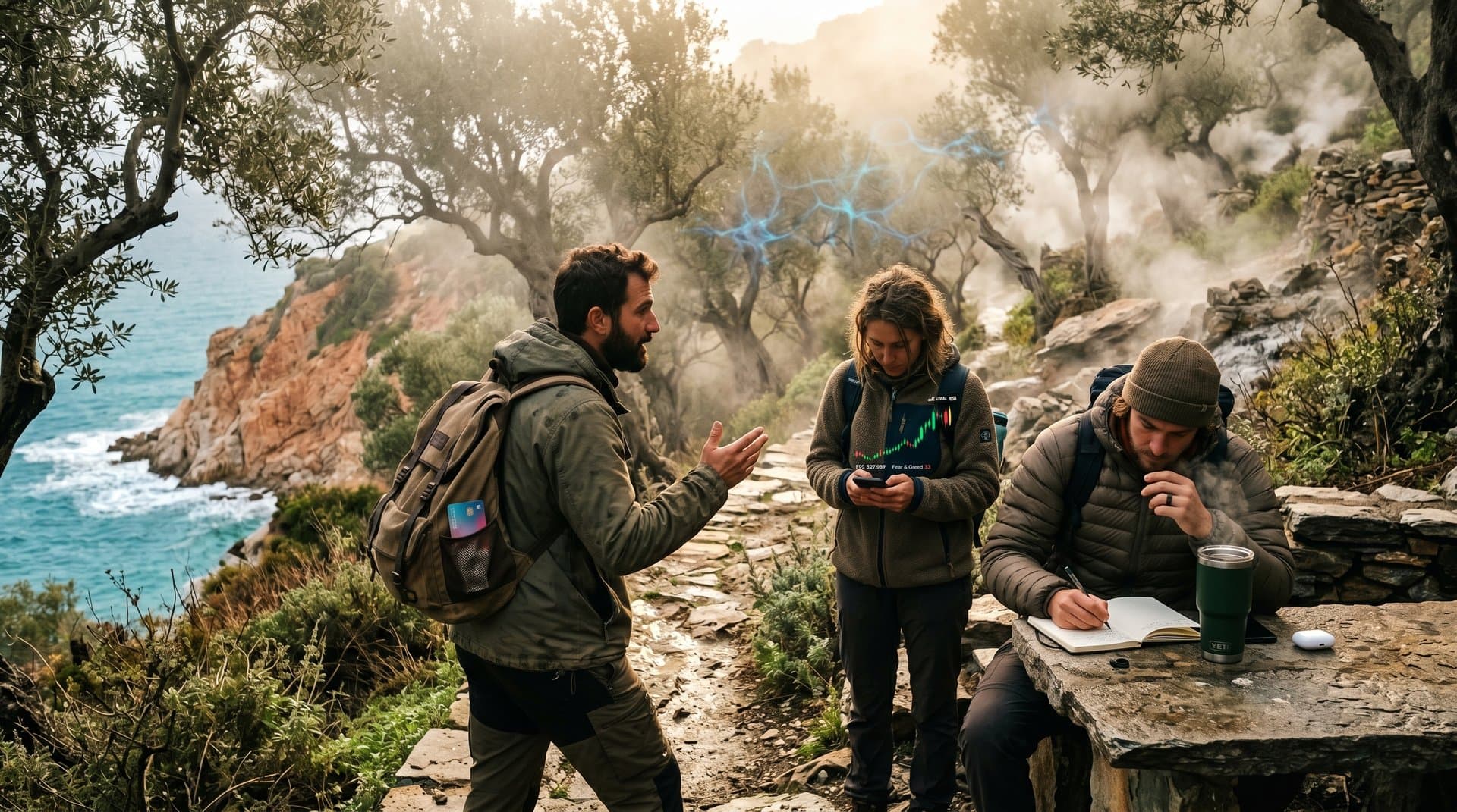 Ikaria hiker on sulfur trail with olive groves, sea views, brain neurons and crypto charts overlay in tech-fintech style
