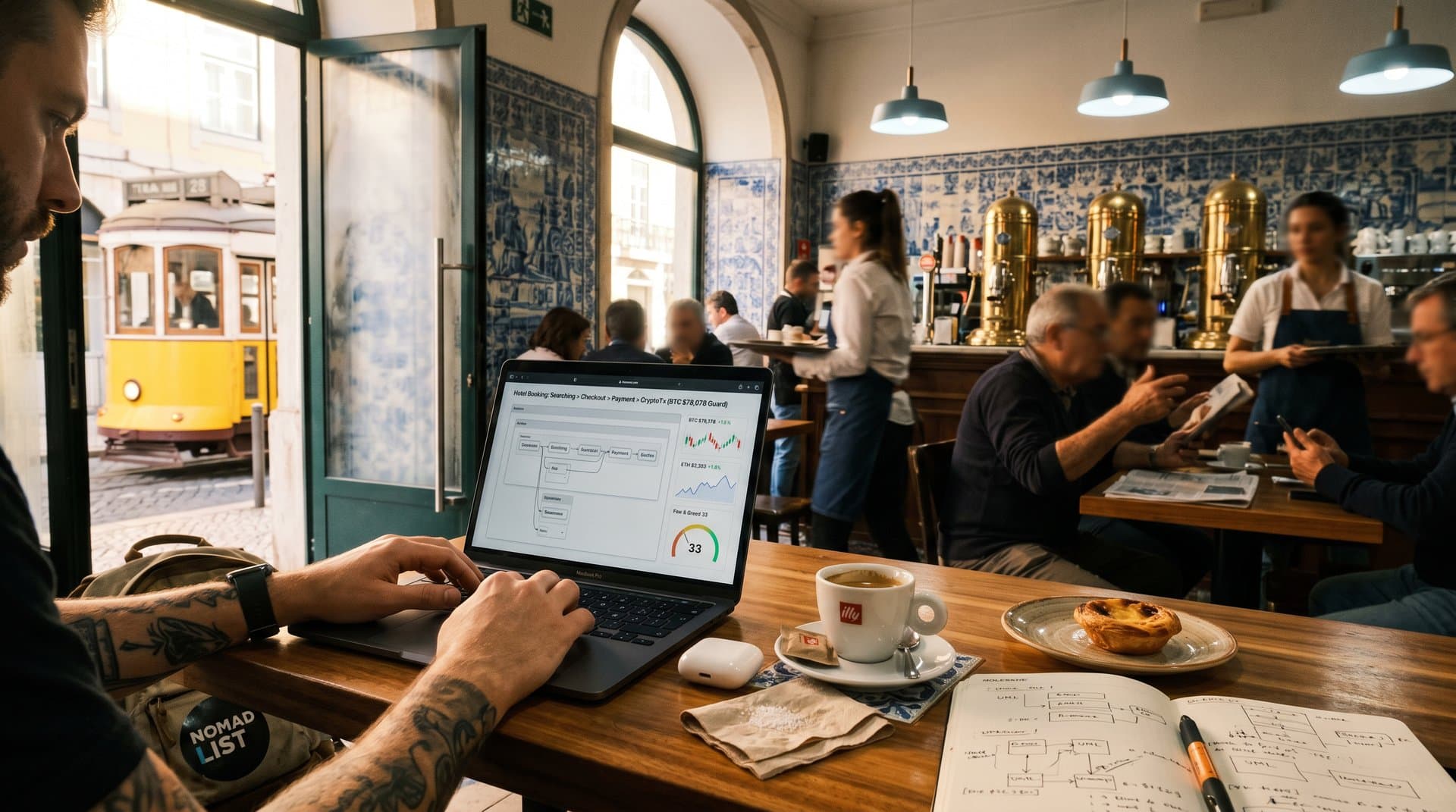 Digital nomad in Lisbon cafe codes statecharts for hotel app with BTC $78,078 charts