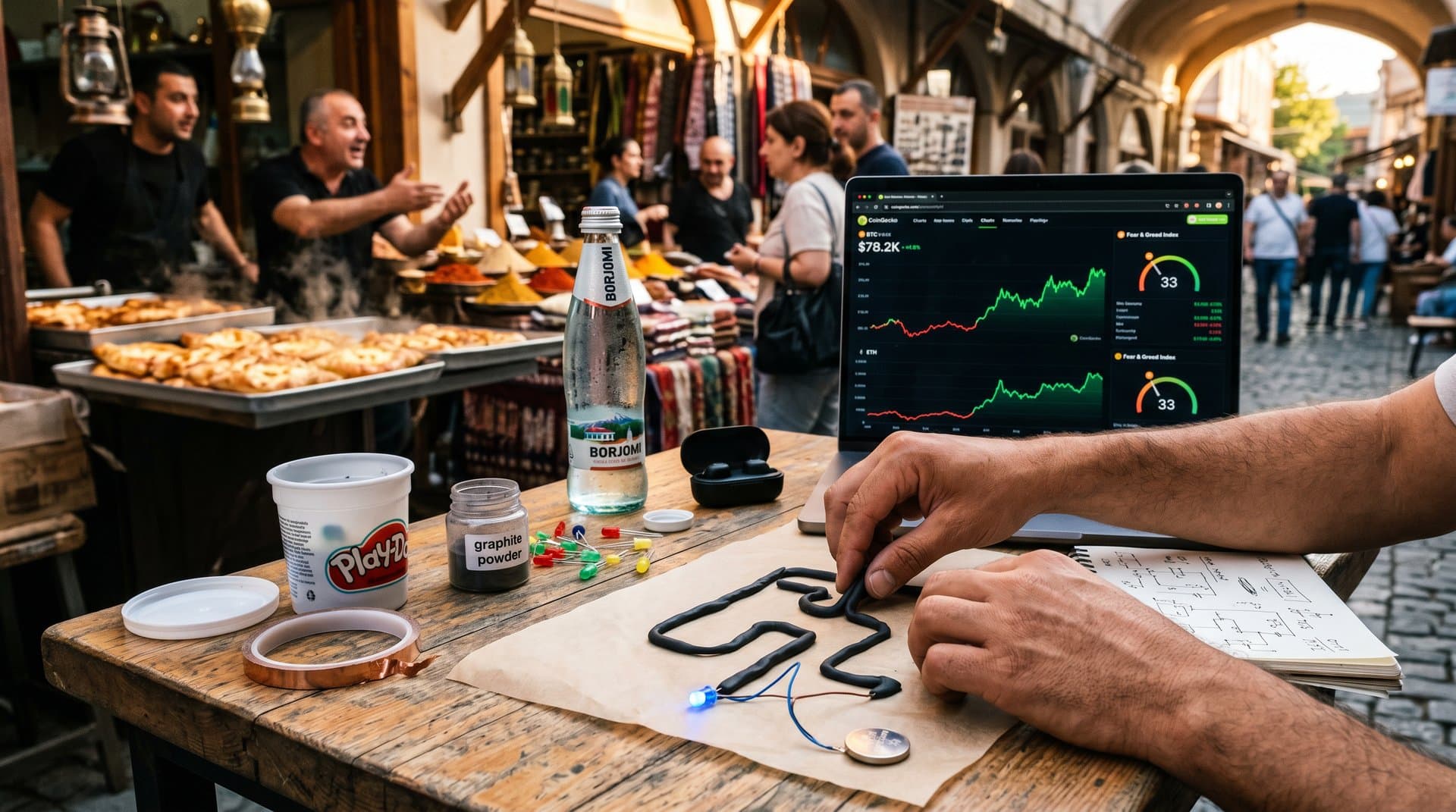 Hands craft glowing clay PCB circuit with LED on cafe table amid Tbilisi market and BTC laptop chart
