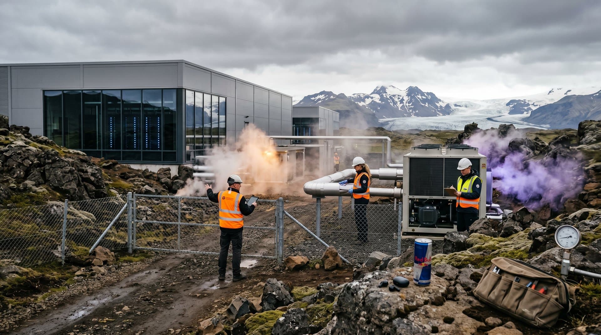Data center in Iceland highlands with geothermal vents, trails leading to fenced facility under dramatic skies