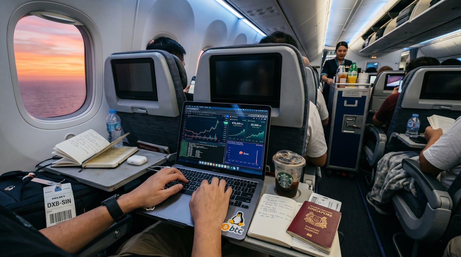 Digital nomad on flight with MacBook running Asahi Linux 7.0, crypto charts visible