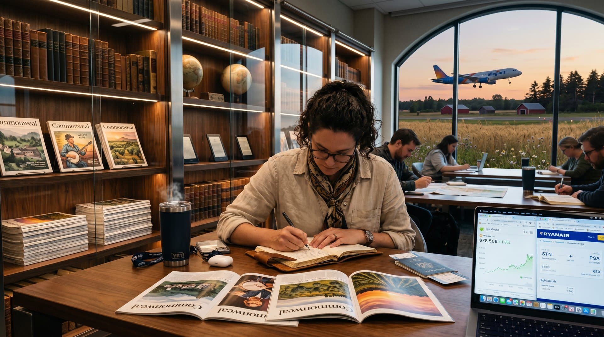 Traveler reads Commonweal's Humanity on the Page in library with laptop showing BTC chart and budget flight to literary heartland airstrip