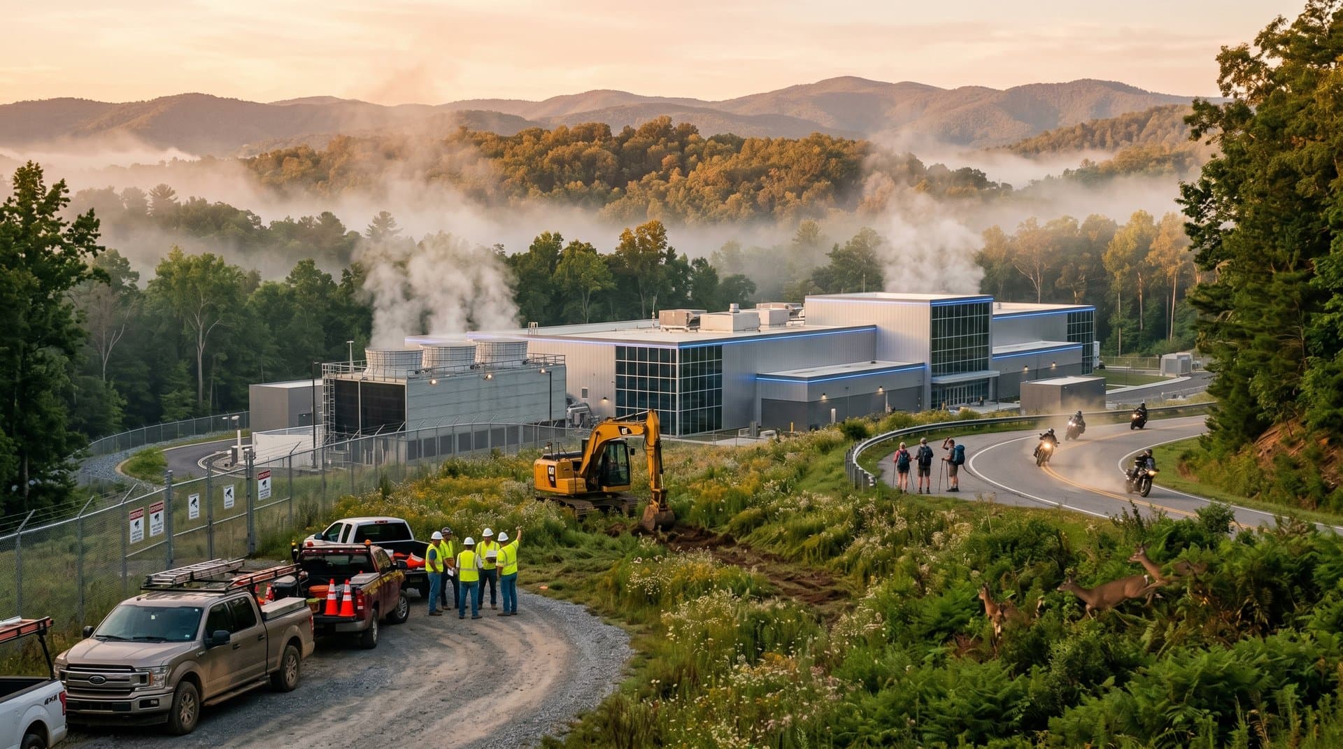 Data center sprawl invades foggy Georgia mountain backroads amid scenic forests