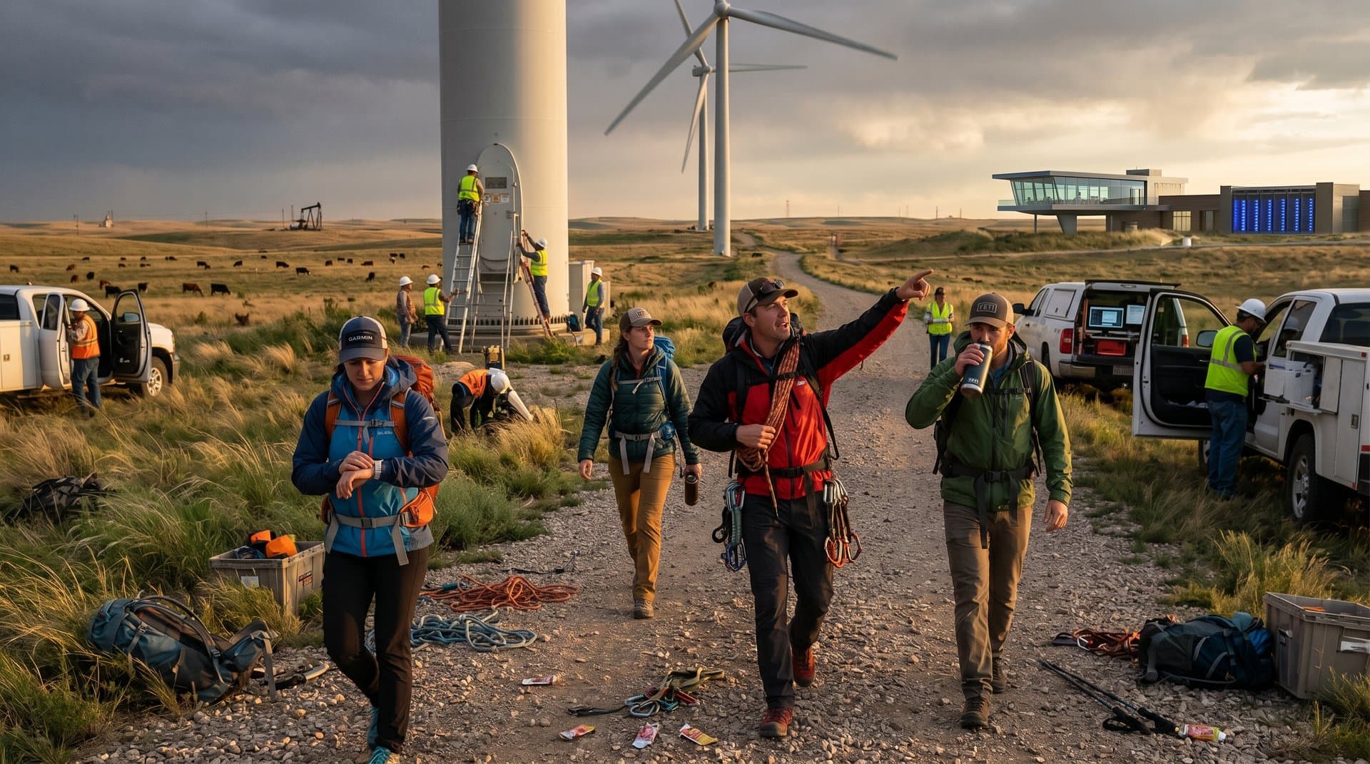 Tourists hike toward wind turbines overlooking data center in Texas plains at dusk, gear and paths emphasize adventure scale