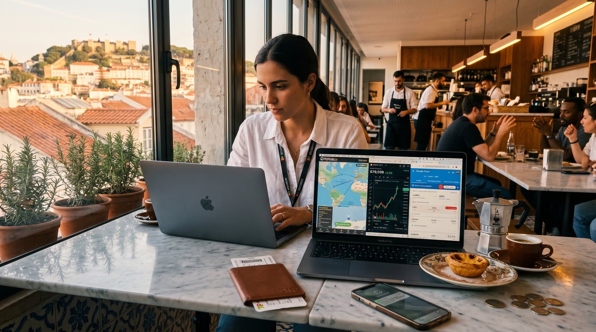 Laptop in Lisbon cafe displays self-updating Flightradar24 map, BTC at $79,328 chart, and dynamic itinerary screenshot