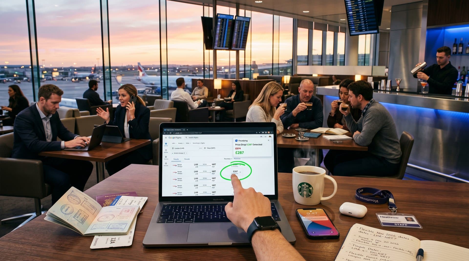 Laptop in airport lounge showing Google Flights LHR-Tokyo £287 deal with Visualping alert