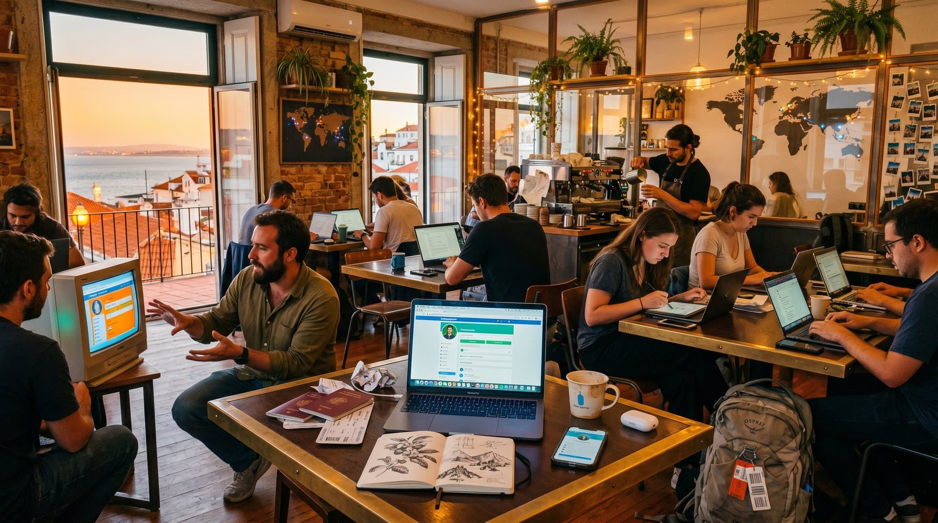 Nostalgic Friendster screen with travel hotel profiles in backpacker cafe, maps, coffee, evoking social revival