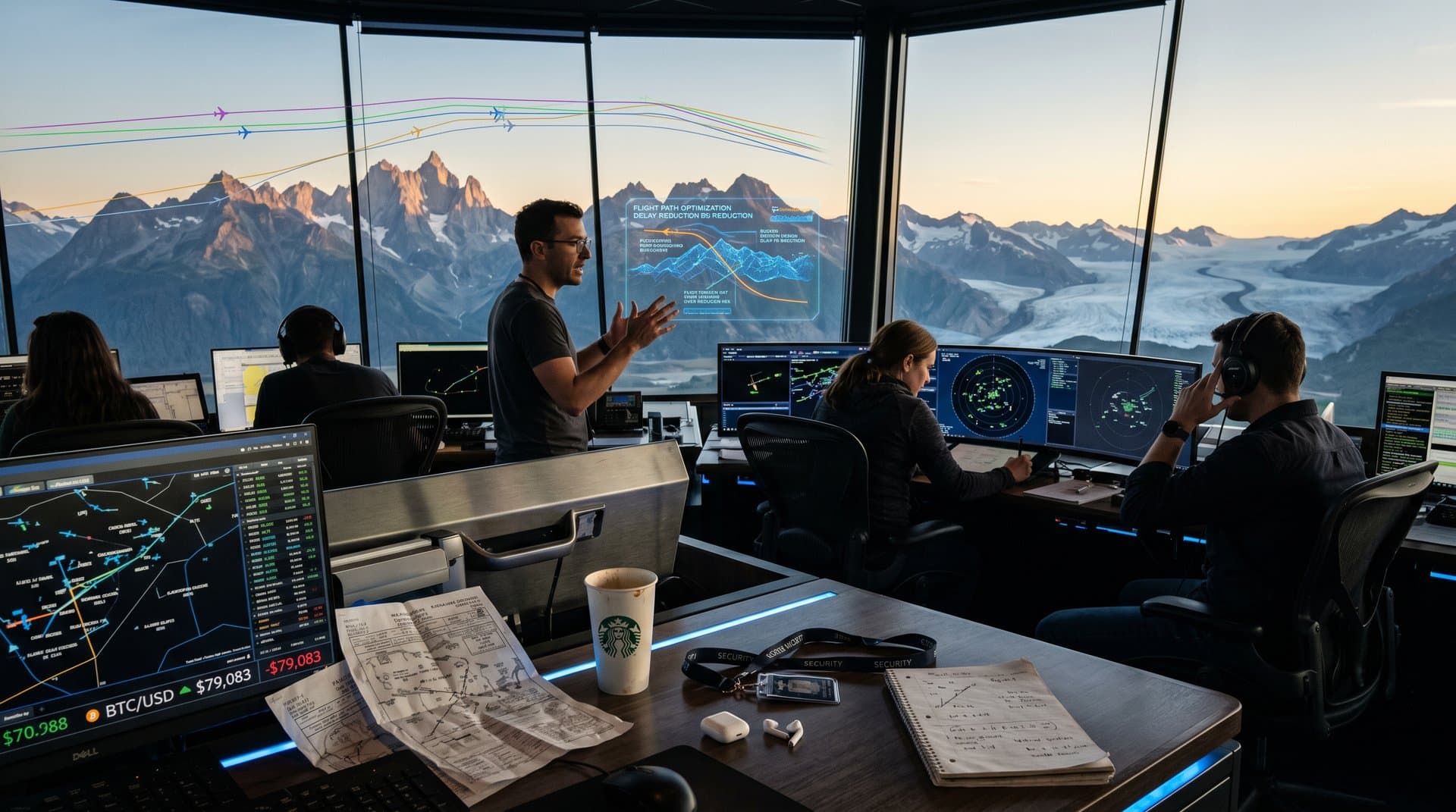FAA air traffic control tower with AI holographic displays optimizing flights over adventure landscapes