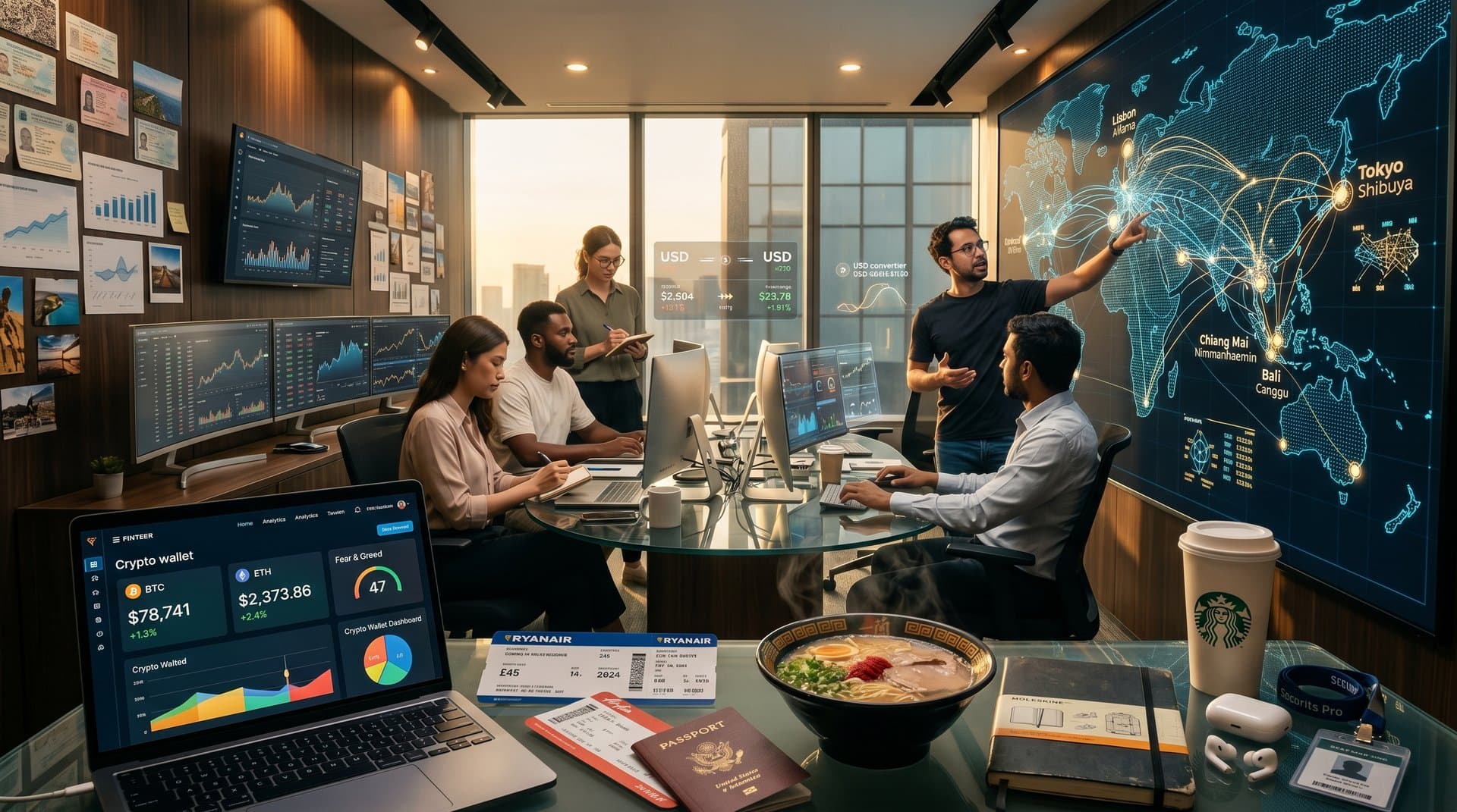 Holographic AI trip planning map with BTC charts, travel icons, and sensory notes on fintech desk