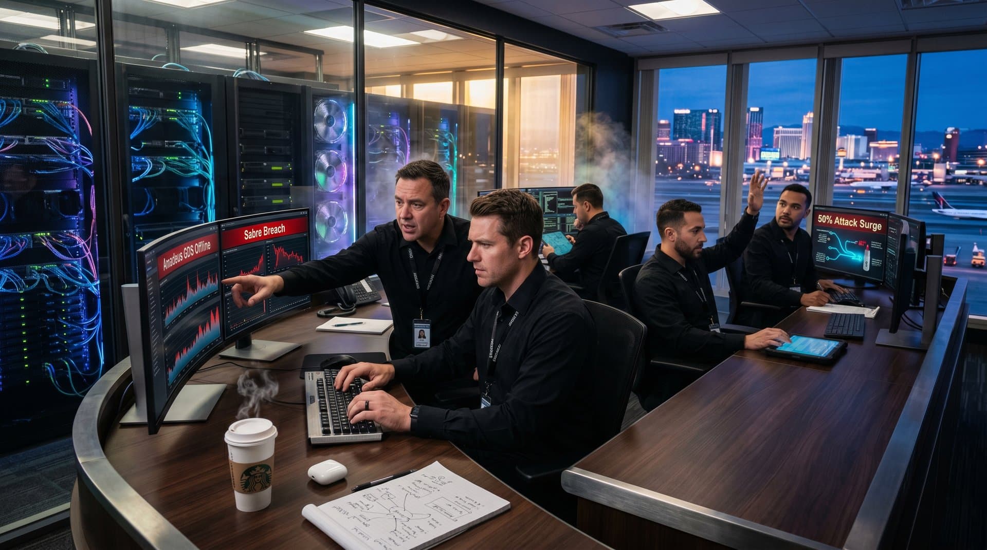 Data center control room monitors Fast16 cyber threats to travel networks like Amadeus amid glowing servers (78 chars)
