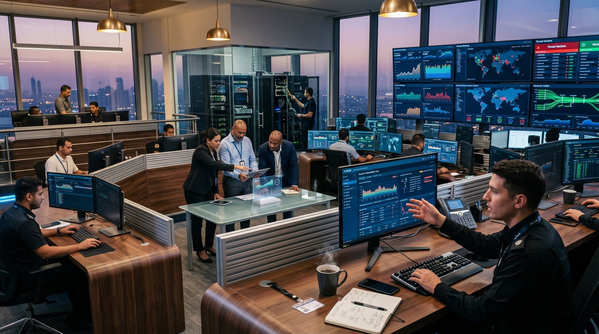 Engineers monitor hotel cyber dashboards and PMS networks in modern ops center with multi-monitors, tablets, server racks, and desert skyline view