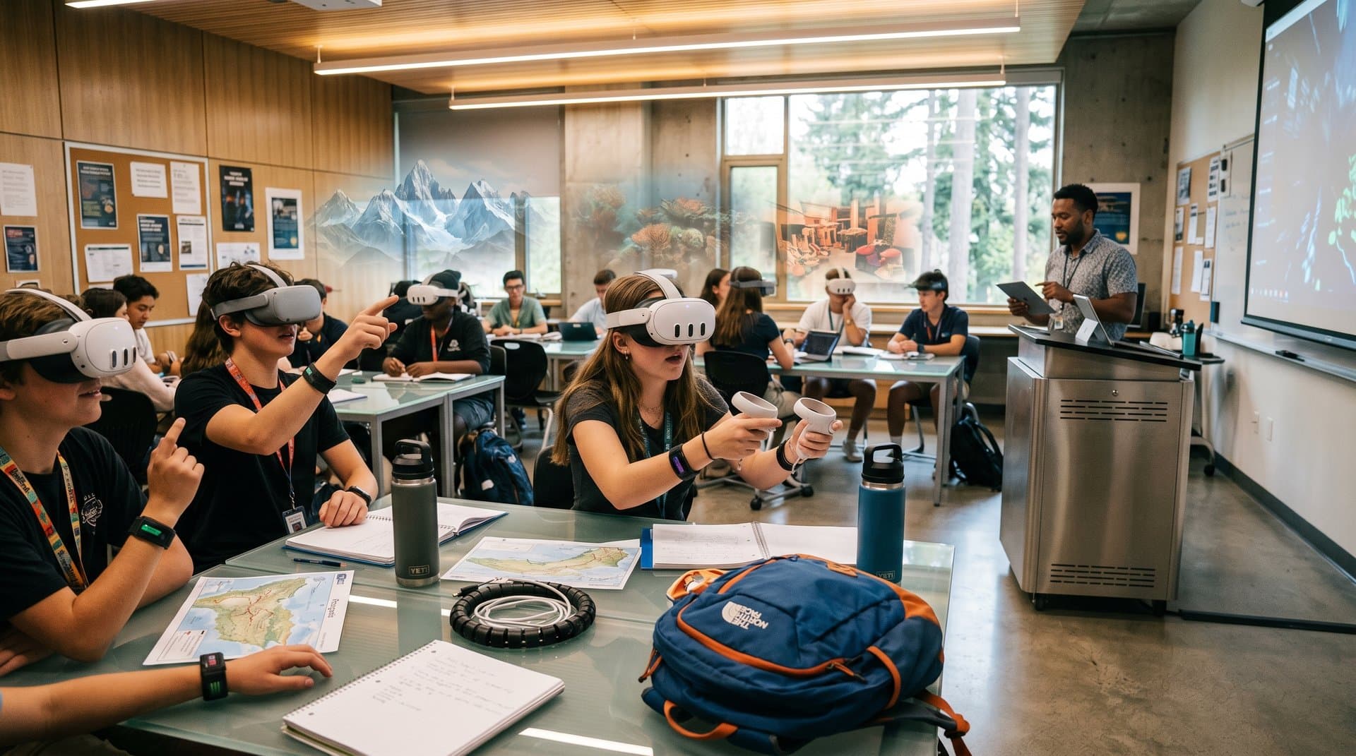 Classroom with VR headsets projecting AI-generated Patagonia peaks, reefs, and medinas amid school desks and tech gear