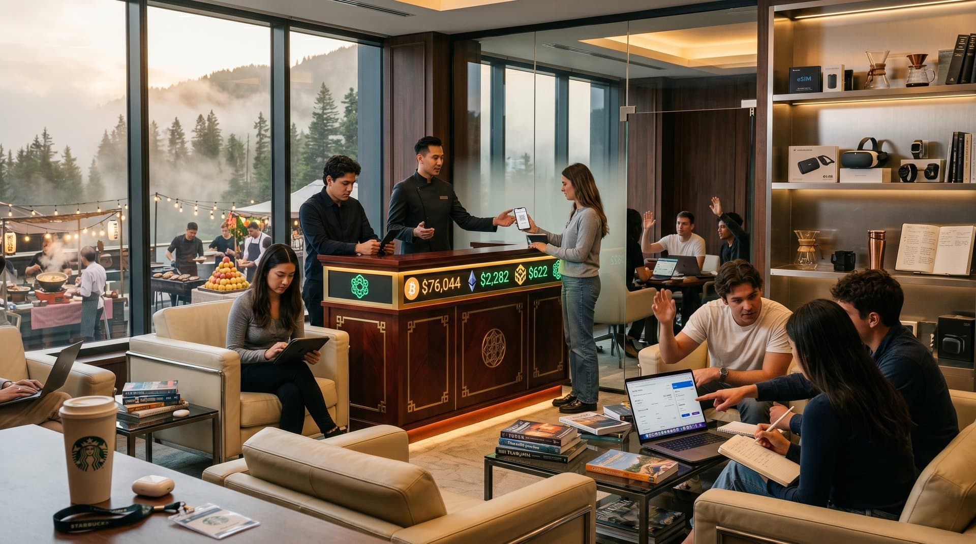 University mock hotel lobby with crypto screens, mountain views, and travel tech for AI-proof majors training