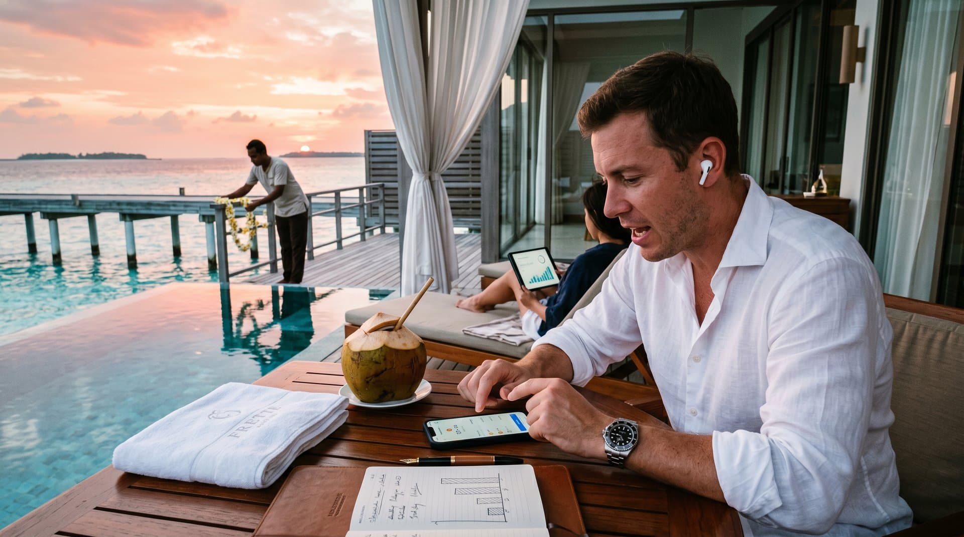 Maldives overwater villa with crypto wallet on phone amid sunset lagoon views