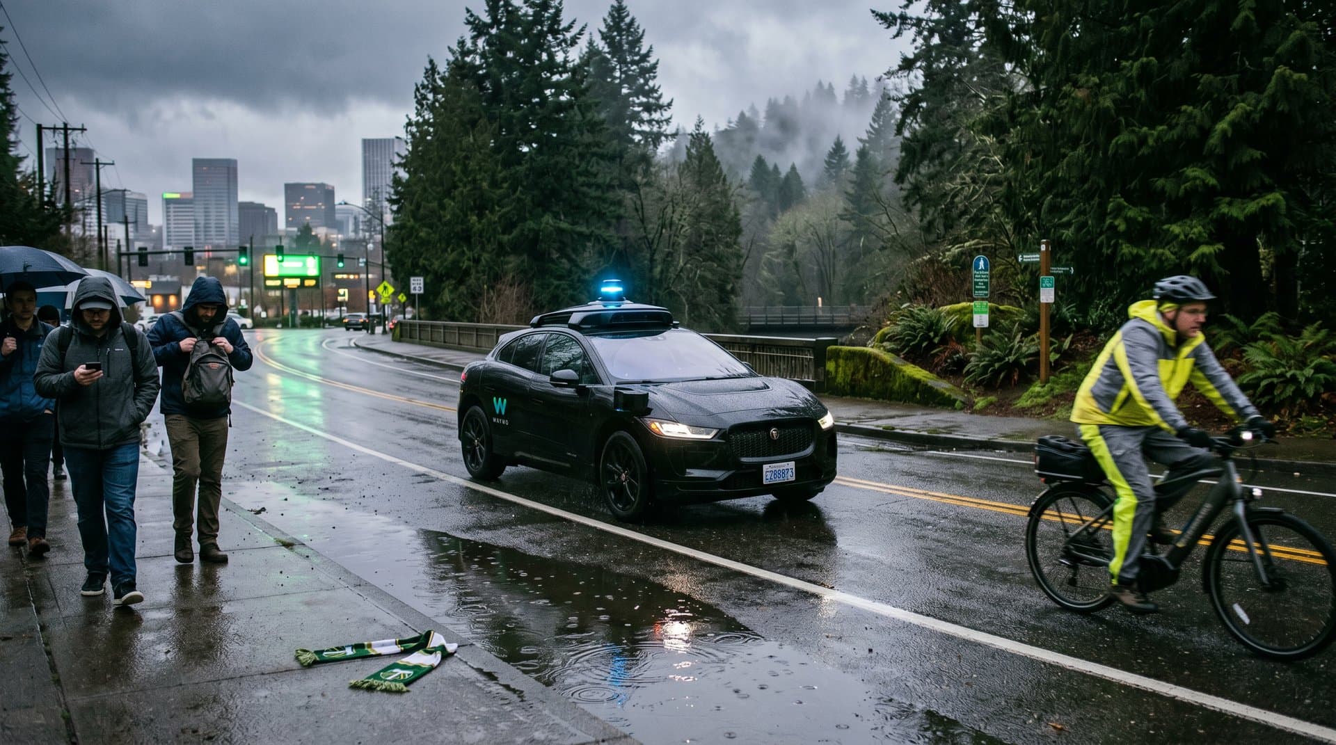 Waymo Jaguar autonomous vehicle on rainy Portland street toward Forest Park trails with LiDAR sensors and misty skyline