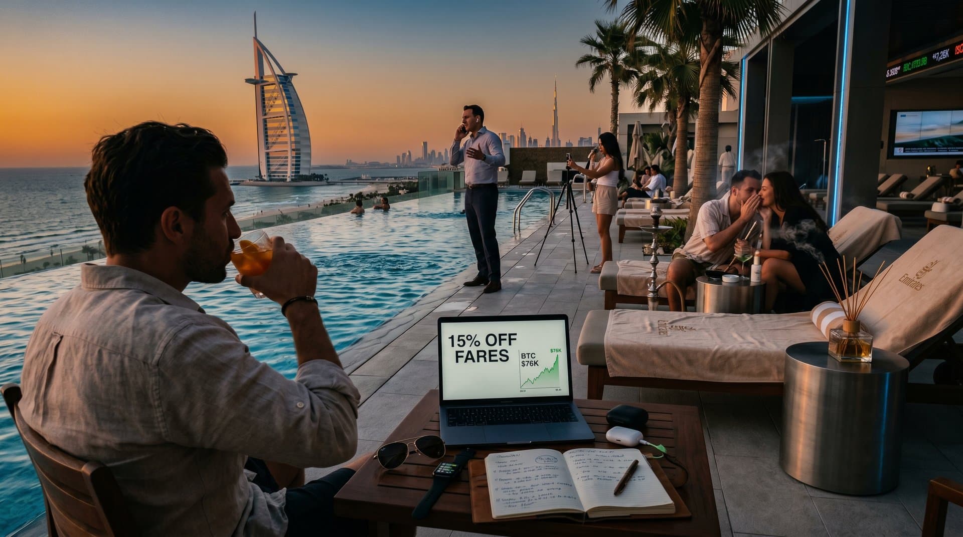 Dubai infinity pool view of Burj Al Arab at dusk with flight deals and BTC charts