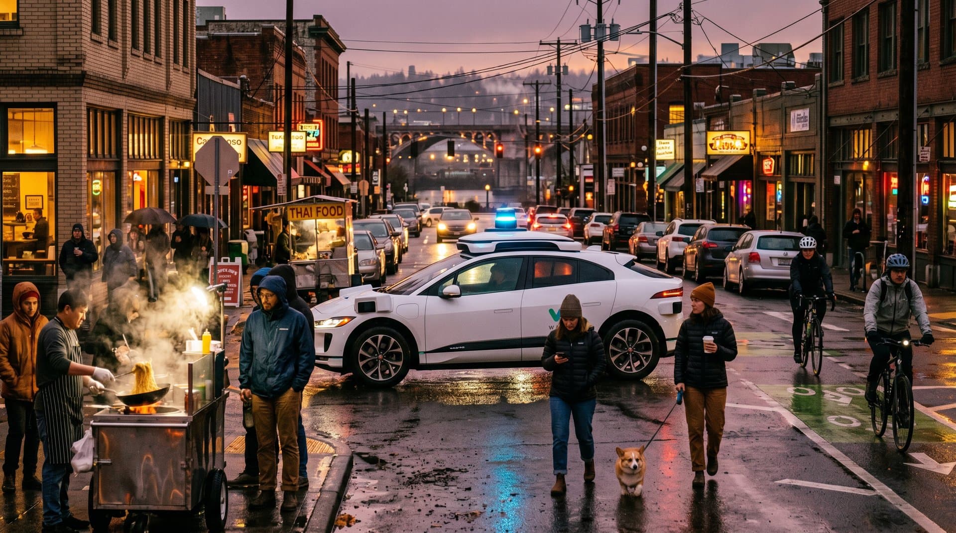 Waymo robotaxi navigates Portland Hawthorne streets amid food carts and bridge lights at dusk