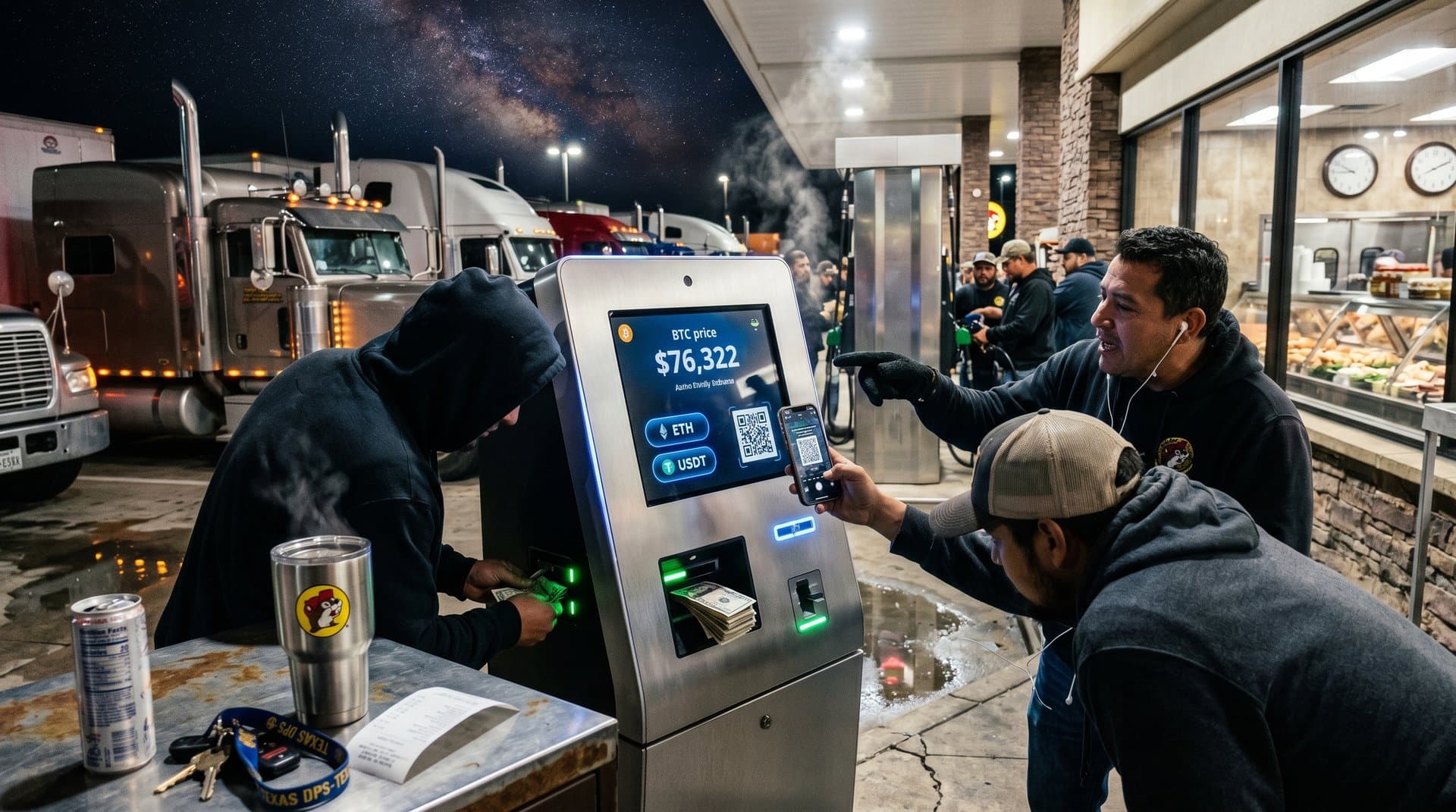 Neon Bitcoin ATM at Texas gas station under starry skies with travelers and semis