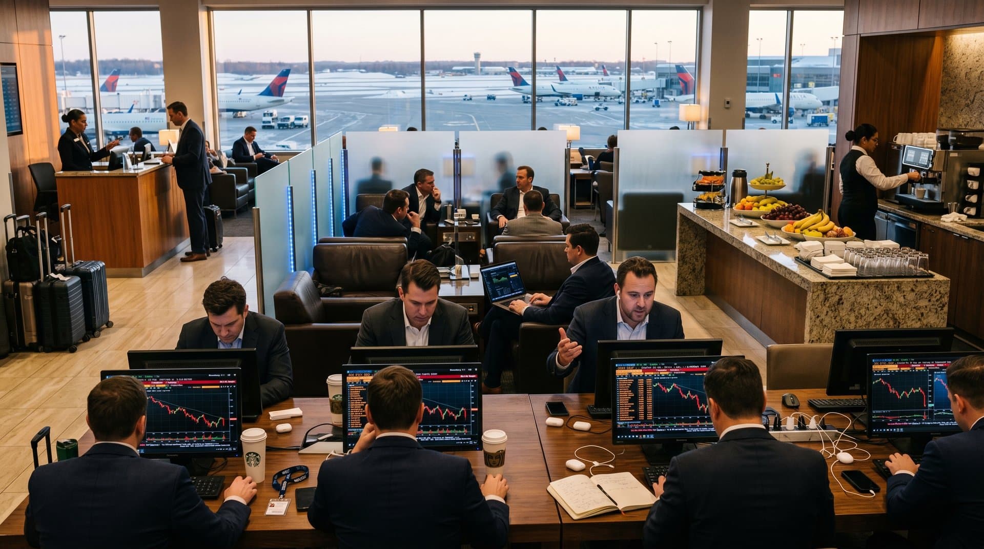 Airport lounge Bloomberg terminal displays BTC charts amid crypto trading scenes and flight views